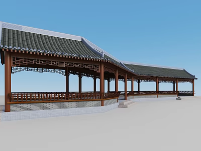 Beautiful Chinese Style Corridor Featuring Green Tiled Roof And Wooden Carved Railings Under Blue Sky 3d model