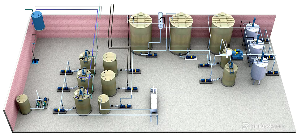Industrial Storage Tank System With Piping Valves And Equipment Layout 3d model 