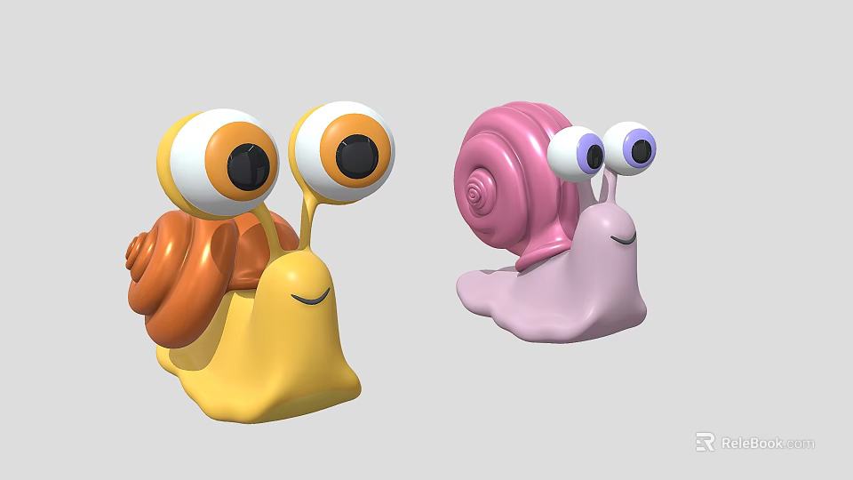 Cute Reptile Snail Characters With Big Eyes And Colorful Shells In Cartoon Style 3d model 