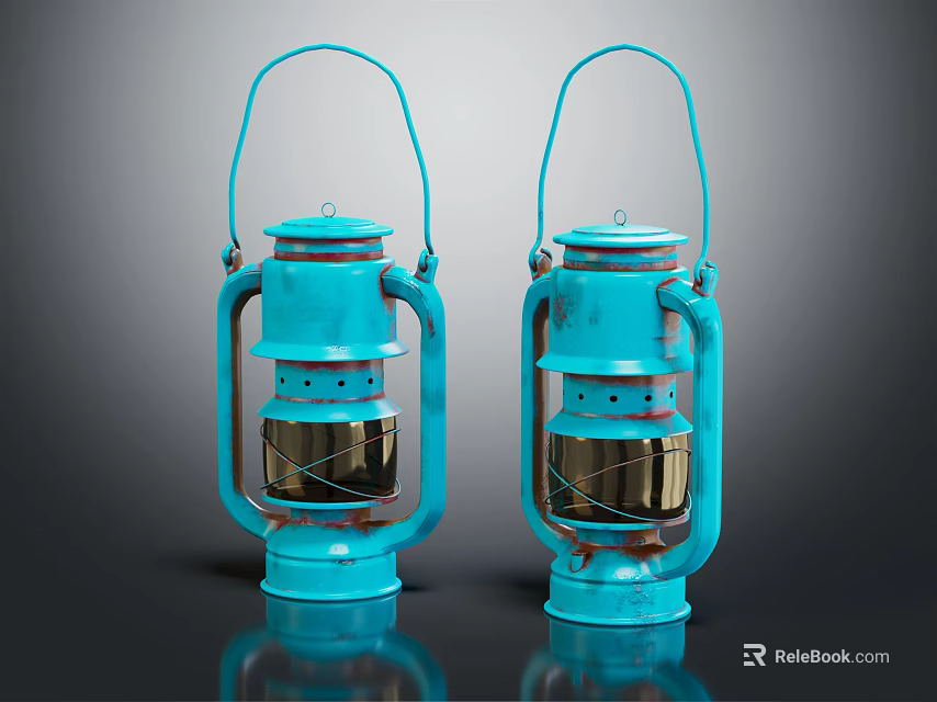 Two Vintage Blue Candle Lanterns With Classic Metal Handle And Retro Design 3d model 