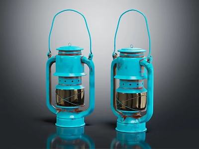 Two Vintage Blue Candle Lanterns With Classic Metal Handle And Retro Design 3d model