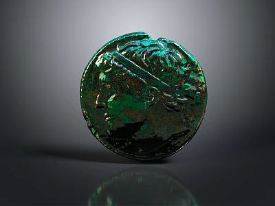 Green Ancient Coin with Head Portrait Rusty Surface and Gray Background Reflection Decorative Item 3d model