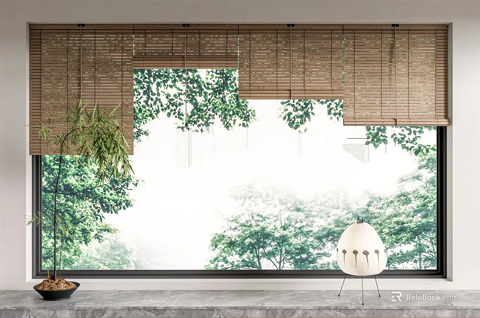 Wooden Window Blinds in Modern Interior with Green Trees Outside Indoor Plant and White Chair 3d model 