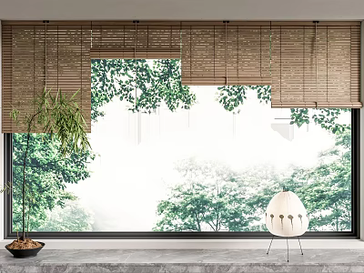 Wooden Window Blinds in Modern Interior with Green Trees Outside Indoor Plant and White Chair 3d model