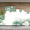 Wooden Window Blinds in Modern Interior with Green Trees Outside Indoor Plant and White Chair