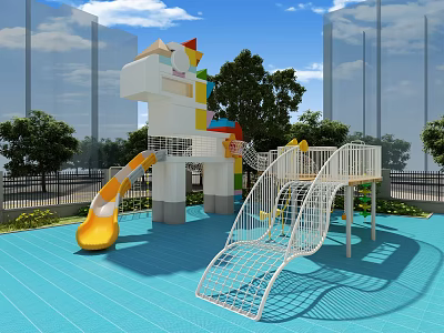 Colorful Children's Playground Pergola With White Structure Yellow Slide And Blue Flooring 3d model
