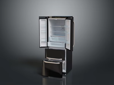 Modern Black French Door Refrigerator With Bottom Drawer And Interior Compartments 3d model