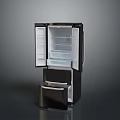 Modern Black French Door Refrigerator With Bottom Drawer And Interior Compartments