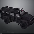 Pixel Art Military Vehicle Dark Colored Body with Large Tires and Roof Equipment