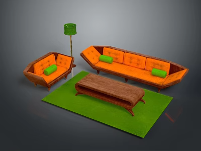 Orange Sofa And Wooden Coffee Table Set With Green Cushions And Green Floor Lamp 3d model