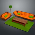 Orange Sofa And Wooden Coffee Table Set With Green Cushions And Green Floor Lamp