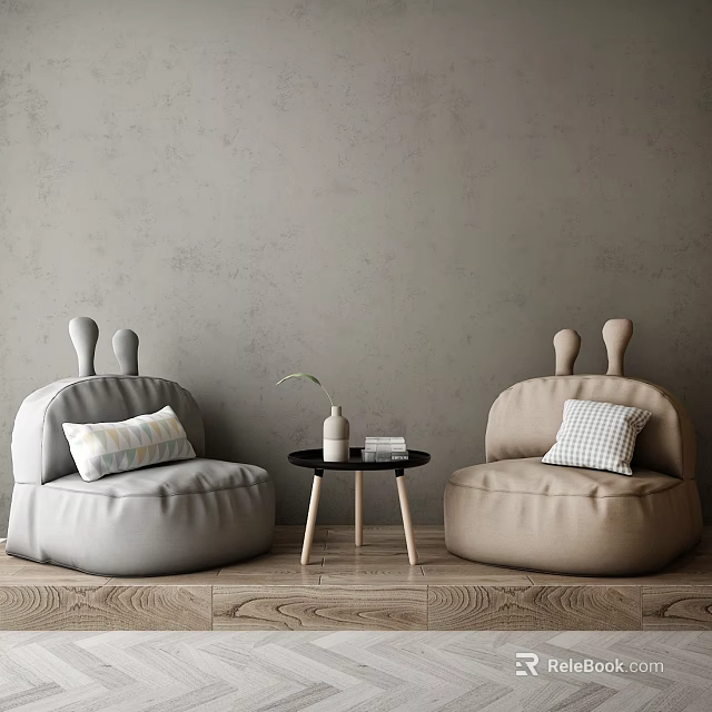 Leisure Sofa Set In Gray And Beige With Rabbit Ear Design Pillows Small Round Table 3d model