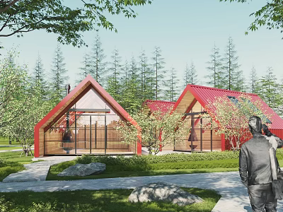 Red Roof Detached Villa With Glass Windows Pine Trees And Green Lawn 3d model