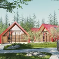 Red Roof Detached Villa With Glass Windows Pine Trees And Green Lawn