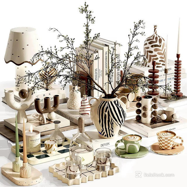 Modern Decorative Ornaments Set With Vases Books Candle Holders And Mugs 3d model 