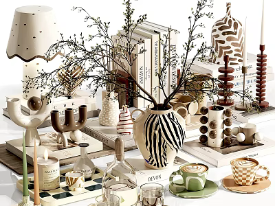 Modern Decorative Ornaments Set With Vases Books Candle Holders And Mugs 3d model