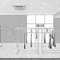 Modern Clothing Store With White Clothes Racks Mannequins Glass Partitions Marble Floor And Pendant Lights