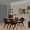 Modern Middle Ancient Style Restaurant Middle Ancient Style Dining Table and Chair Combination Green Plant Potted Middle Ancient Style Corner Cabinet 3d model