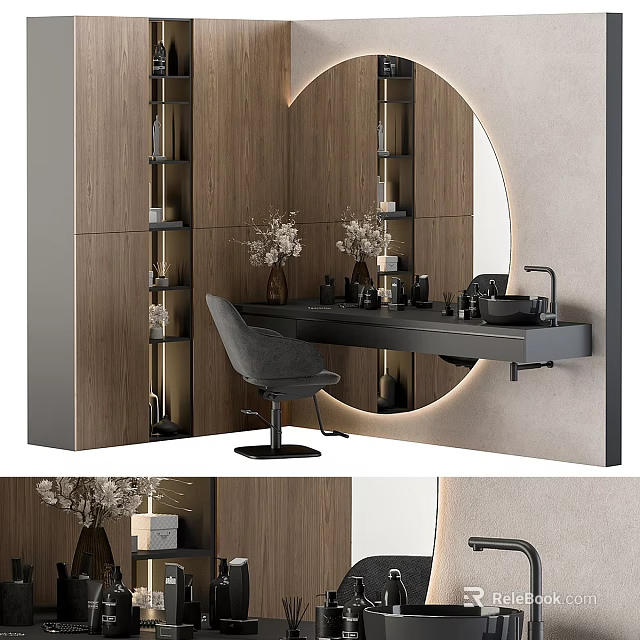 Modern Bathroom Interior Design With Bathroom Accessories Round Mirror Wooden Shelves And Black Vanity 3d model 