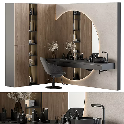 Modern Bathroom Interior Design With Bathroom Accessories Round Mirror Wooden Shelves And Black Vanity 3d model