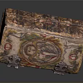 Colorful Decorative Box With Painted Floral And Figure Motifs And Antique Metal Clasps