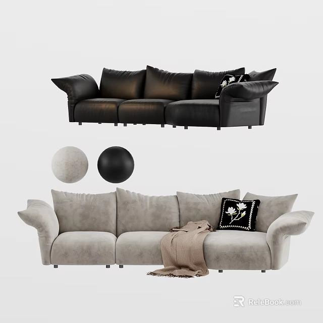Black And Gray Sectional Sofas With Leather Fabric Throw Pillow Blanket And Round Decor 3d model 