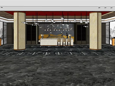 Elegant Modern Hotel Lobby With Marble Floor Columns Chandeliers And Reception Desk 3d model