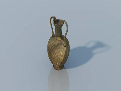 Ceramic Vase with Two Handles and Textured Surface on Light Blue Background with Reflection 3d model
