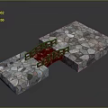 Stone Architectural Structure With Red Metal Frame Connecting Two Stone Platforms