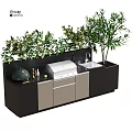 Modern Kitchen Appliances With Wooden Gray Cabinets Island Grill Sink And Olive Trees