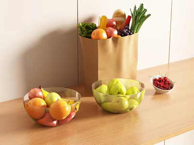 Colorful Fruits in Glass Bowls Oranges Bananas Green Apples Red Berries on Wooden Countertop 3d model