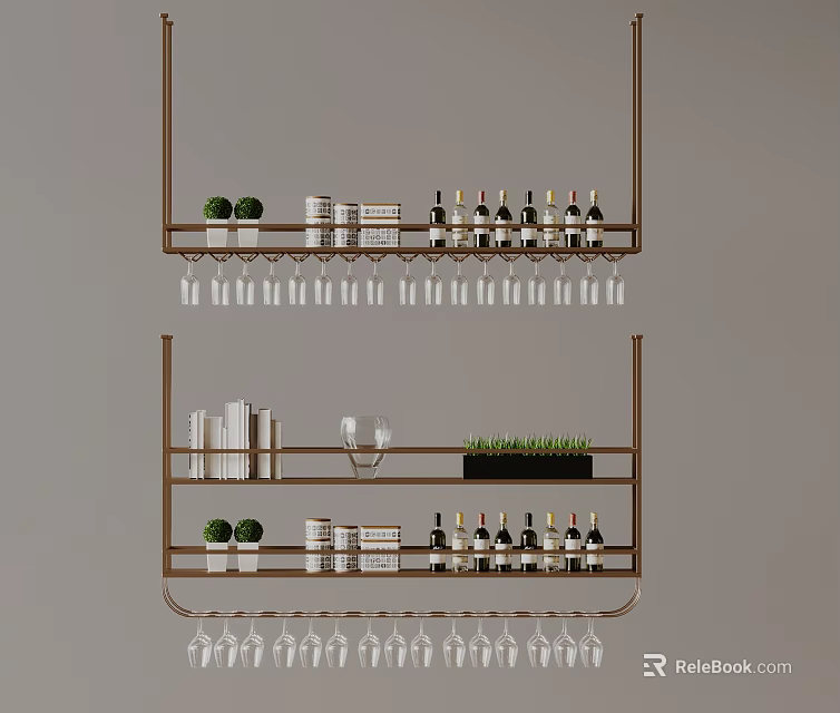 Decorative Hanging Shelves With Wine Bottles And Wine Glasses Small Plants And Books 3d model 