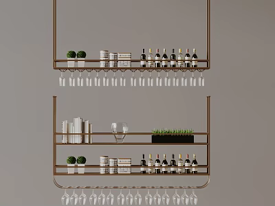 Decorative Hanging Shelves With Wine Bottles And Wine Glasses Small Plants And Books 3d model