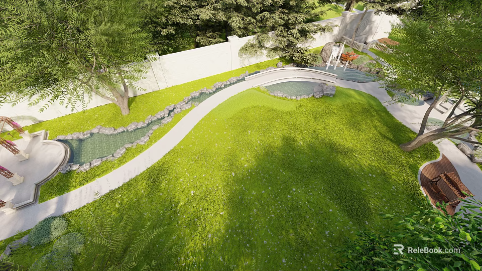 Garden Landscape Design With Winding Pathway Green Lawn Trees Water Features And White Wall 3d model 