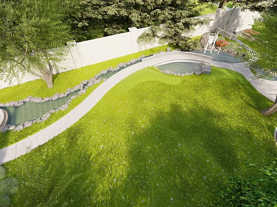 Garden Landscape Design With Winding Pathway Green Lawn Trees Water Features And White Wall 3d model