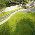 Garden Landscape Design With Winding Pathway Green Lawn Trees Water Features And White Wall