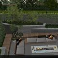 Courtyard Garden with Comfortable Sofa Yellow Cushions Green Plants Wooden Deck and Decorative Table