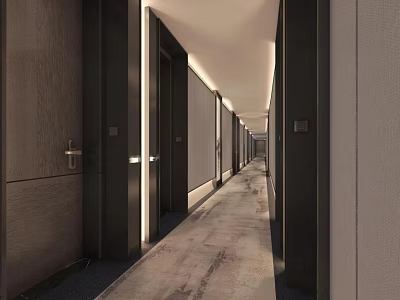 Modern Hotel Corridor Interior Design With Guest Room Doors And Ambient Lighting 3d model