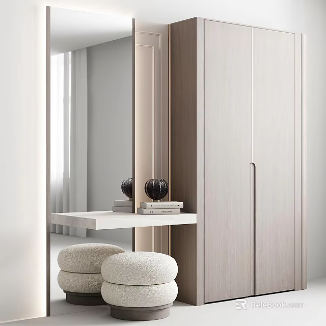 Modern Wooden Wardrobe Interior Design With Mirror Small Table And Stools 3d model