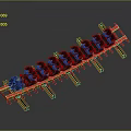 Red Industrial Frame With Black Mechanical Components Arranged In Linear Structure