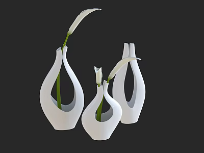 White Curved Vases With White Flowers And Green Stems On Black Background 3d model