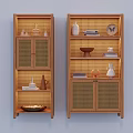 Decorative Ornament Combination on Illuminated Wooden Rattan Shelves with Vases Bowls Plates and Books