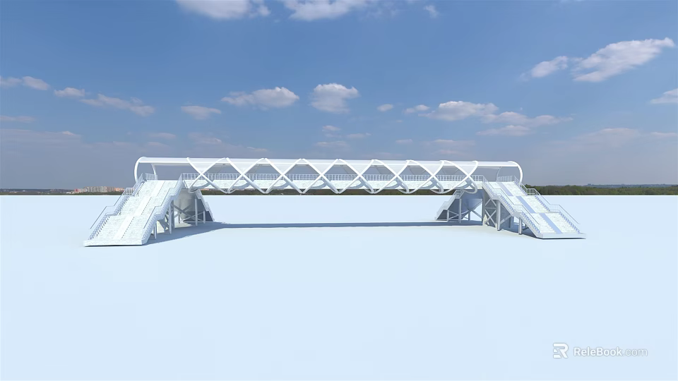 Modern White Bridge With Geometric Design Structure Against Blue Sky Landscape 3d model