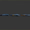 Blue Cosmic Spacecraft Models with Yellow Purple Details and Various Designs on Dark Background