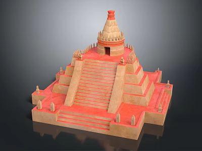 Ancient Pyramid Architecture With Multiple Stepped Layers Red Staircase And Small Temple On Top 3d model