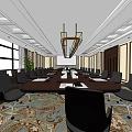 Modern Conference Room Interior With Long Table Black Chairs Large Windows And Hanging Lights