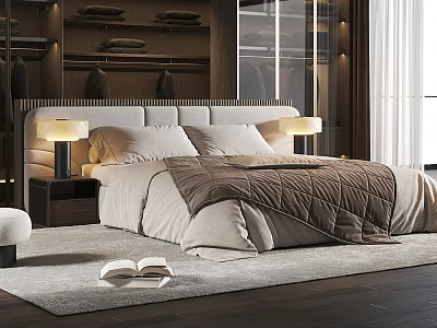 Modern Bedroom With Double Bed Bedside Lamps Pillows Blanket And Open Book On Rug 3d model