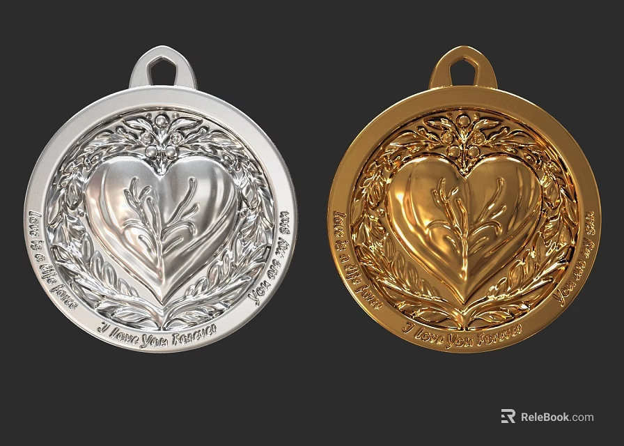 Jewelry Pendants in Silver and Gold with Heart Shape and Leaf Decorations 3d model 