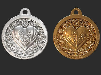 Jewelry Pendants in Silver and Gold with Heart Shape and Leaf Decorations 3d model