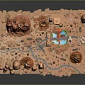 Scenic Desert Landscape With Rocky Mountains River Small Buildings And Green Vegetation